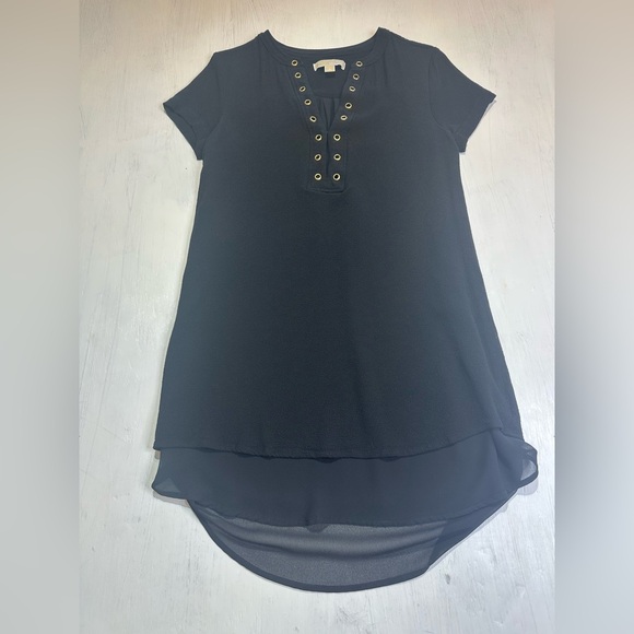 Michael Kors Black Grommet V Neck Dress Small High Low Chiffon Hem - Picture 2 of 9